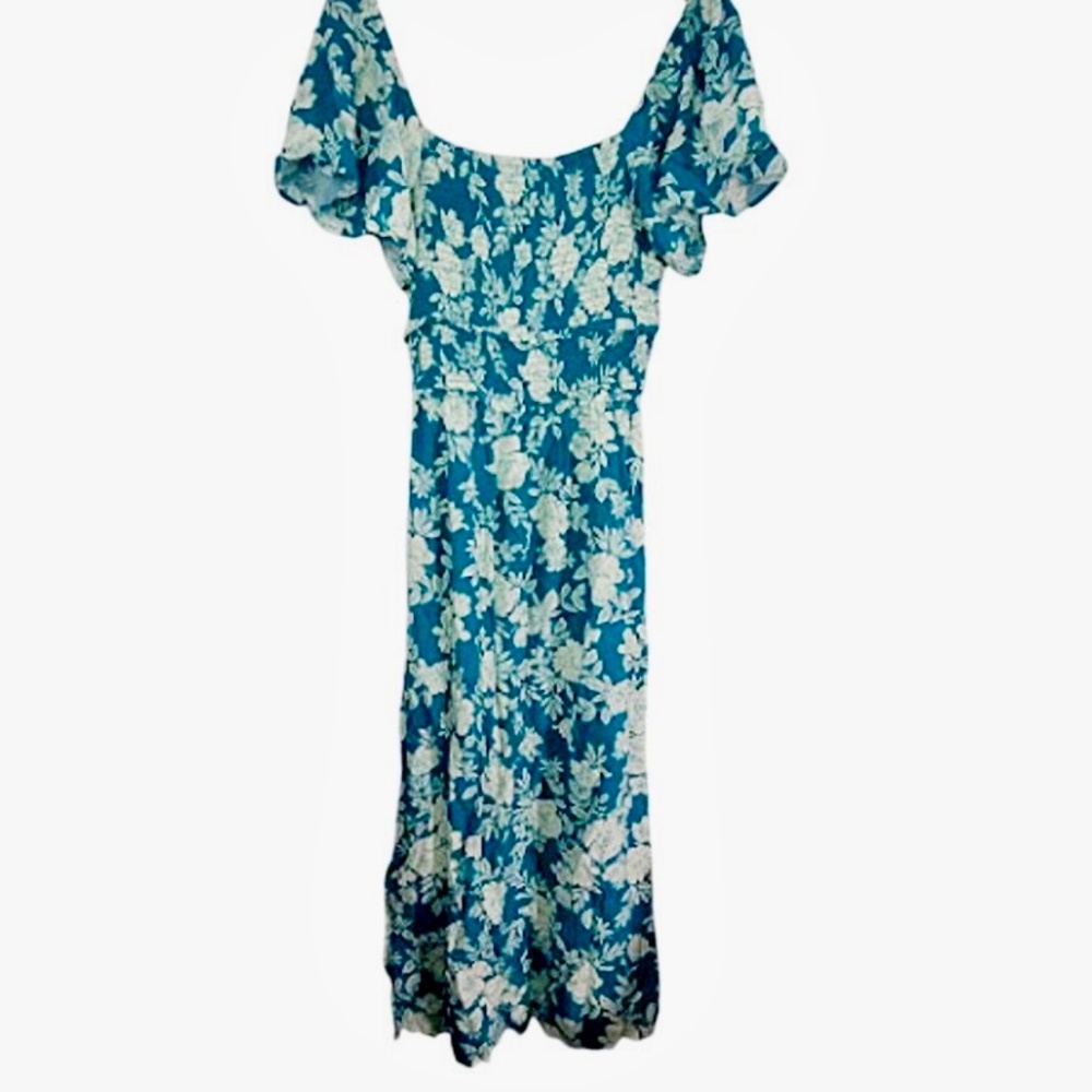 Patrons of Peace Teal Maxi Dress with White Flowers and open back – Size Small